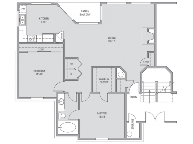 Floor plan for 2 beds, 1 bath, 974 sqft